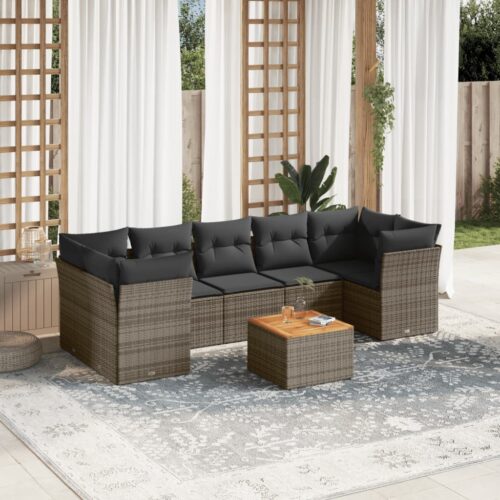 8-Piece Garden Sofa Set with Cushions Grey Poly Rattan Wicker Outdoor Patio Furniture - Image 2
