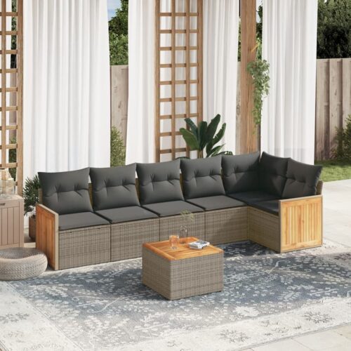 7-Piece Garden Sofa Set with Cushions Grey Poly Rattan Wicker Outdoor Patio Furniture - Image 2