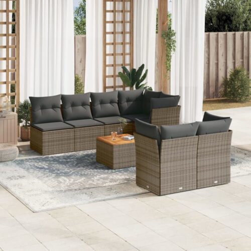 8-Piece Garden Sofa Set with Cushions Grey Poly Rattan Wicker Outdoor Patio Furniture - Image 2