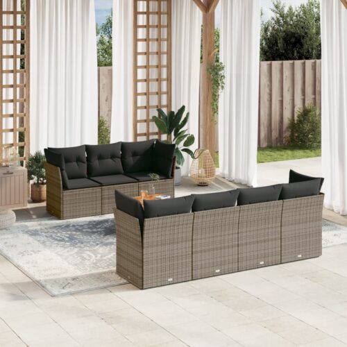 8-Piece Garden Sofa Set with Cushions Grey Poly Rattan Wicker Outdoor Patio Furniture - Image 2