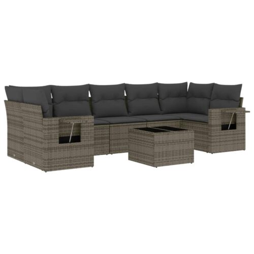 8-Piece Garden Sofa Set with Cushions Grey Poly Rattan Wicker Outdoor Patio Furniture