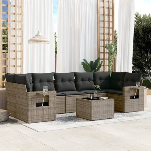 8-Piece Garden Sofa Set with Cushions Grey Poly Rattan Wicker Outdoor Patio Furniture - Image 2