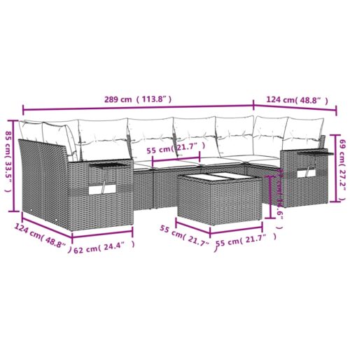 8-Piece Garden Sofa Set with Cushions Grey Poly Rattan Wicker Outdoor Patio Furniture - Image 9