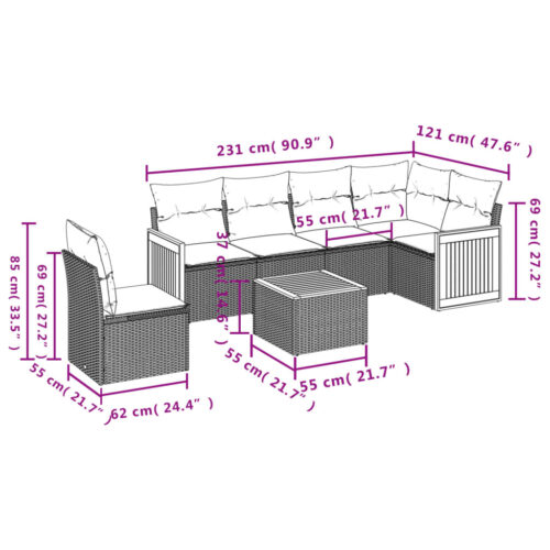 7-Piece Garden Sofa Set with Cushions Grey Poly Rattan Wicker Outdoor Patio Furniture - Image 8