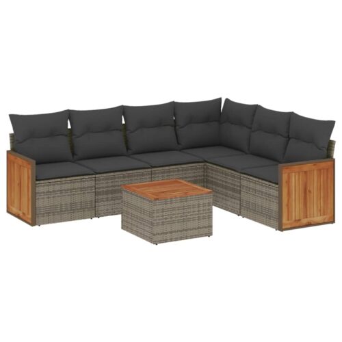 7-Piece Garden Sofa Set with Cushions Grey Poly Rattan Wicker Outdoor Patio Furniture