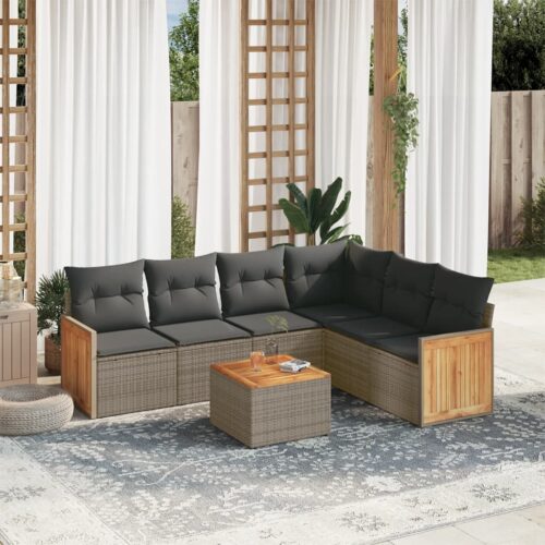 7-Piece Garden Sofa Set with Cushions Grey Poly Rattan Wicker Outdoor Patio Furniture - Image 2
