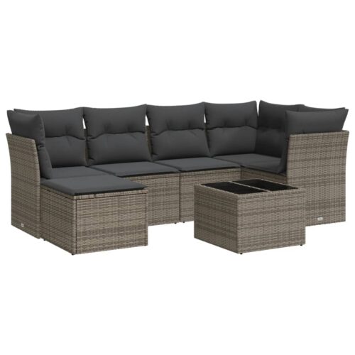 7-Piece Garden Sofa Set with Cushions Grey Poly Rattan Wicker Outdoor Patio Furniture