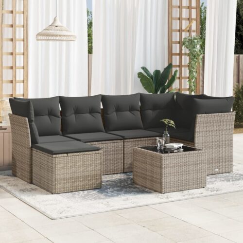 7-Piece Garden Sofa Set with Cushions Grey Poly Rattan Wicker Outdoor Patio Furniture - Image 2