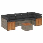 8-Piece Garden Sofa Set with Cushions Grey Poly Rattan Wicker Outdoor Patio Furniture