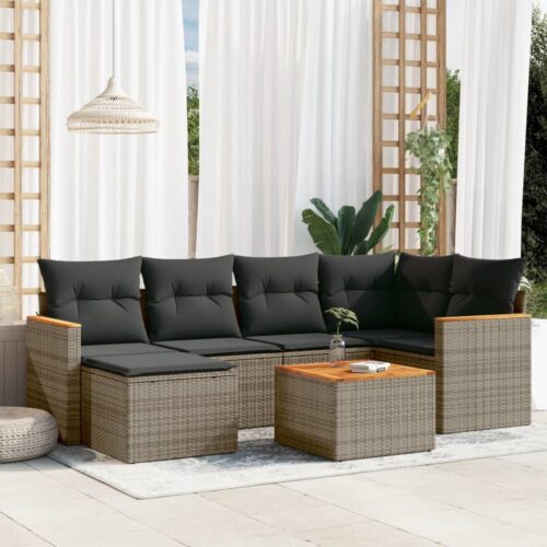 7-Piece Garden Sofa Set with Cushions Grey Poly Rattan Wicker Outdoor Patio Furniture - Image 2