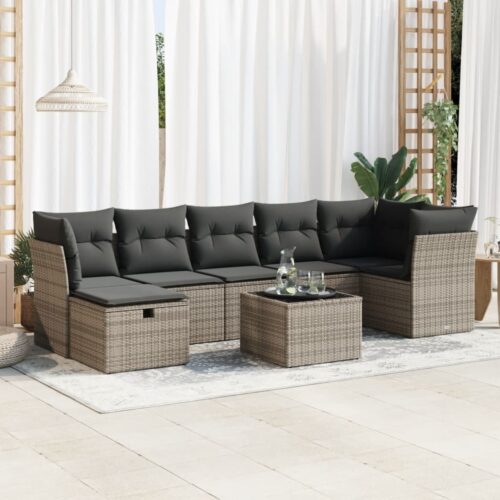 8-Piece Garden Sofa Set with Cushions Grey Poly Rattan Wicker Outdoor Patio Furniture - Image 2