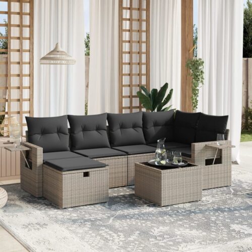 7-Piece Garden Sofa Set with Cushions Grey Poly Rattan Wicker Outdoor Patio Furniture - Image 2
