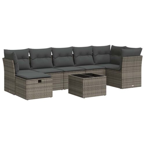 8-Piece Garden Sofa Set with Cushions Grey Poly Rattan Wicker Outdoor Patio Furniture - Image 13