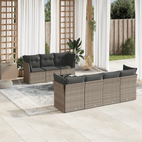 8-Piece Garden Sofa Set with Cushions Grey Poly Rattan Wicker Outdoor Patio Furniture - Image 2