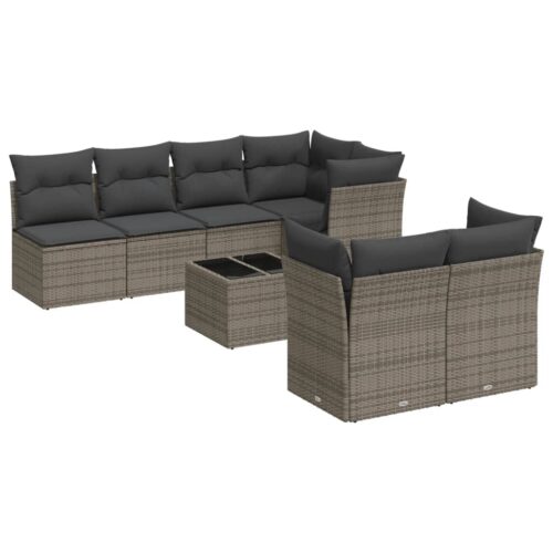 8-Piece Garden Sofa Set with Cushions Grey Poly Rattan Wicker Outdoor Patio Furniture