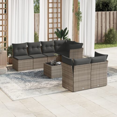 8-Piece Garden Sofa Set with Cushions Grey Poly Rattan Wicker Outdoor Patio Furniture - Image 2
