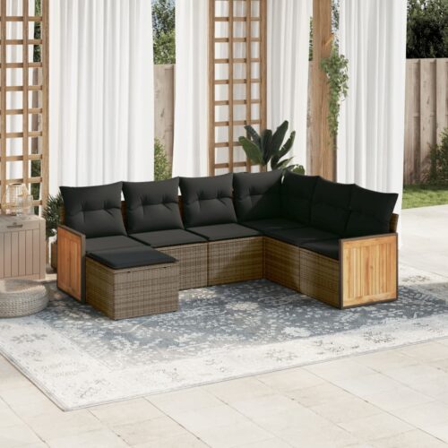 7-Piece Garden Sofa Set with Cushions Grey Poly Rattan Wicker Outdoor Patio Furniture - Image 2