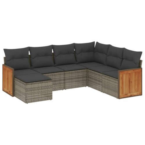 7-Piece Garden Sofa Set with Cushions Grey Poly Rattan Wicker Outdoor Patio Furniture - Image 14