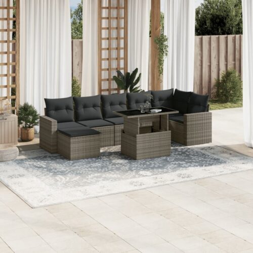 8-Piece Garden Sofa Set with Cushions Grey Poly Rattan Wicker Outdoor Patio Furniture - Image 2