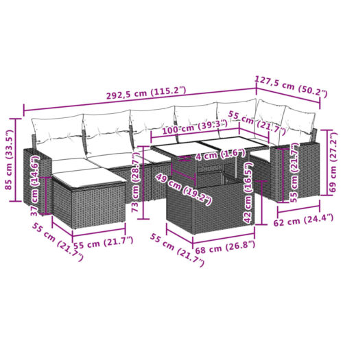 8-Piece Garden Sofa Set with Cushions Grey Poly Rattan Wicker Outdoor Patio Furniture - Image 10