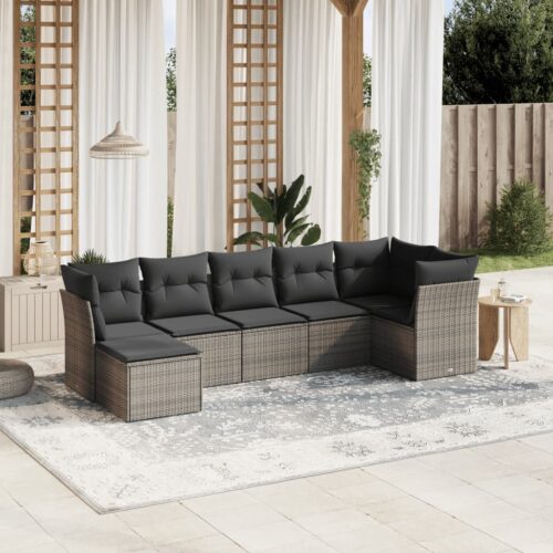 7-Piece Garden Sofa Set with Cushions Grey Poly Rattan Wicker Outdoor Patio Furniture - Image 2