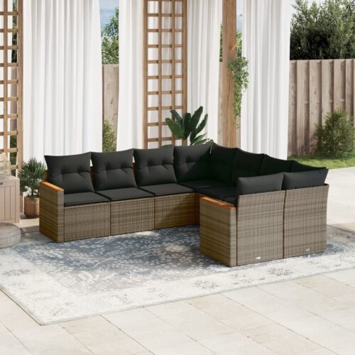 8-Piece Garden Sofa Set with Cushions Grey Poly Rattan Wicker Outdoor Patio Furniture - Image 2