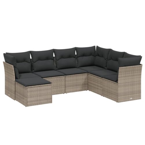 7-Piece Garden Sofa Set with Cushions Grey Poly Rattan Wicker Outdoor Patio Furniture