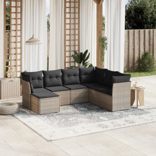 7-Piece Garden Sofa Set with Cushions Grey Poly Rattan Wicker Outdoor Patio Furniture - Image 2
