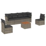 7-Piece Garden Sofa Set with Cushions Grey Poly Rattan Wicker Outdoor Patio Furniture
