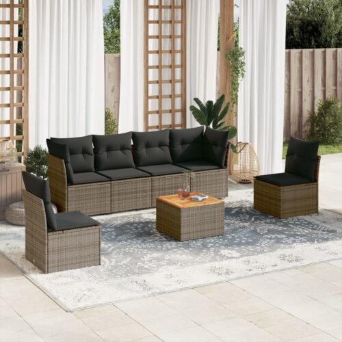 7-Piece Garden Sofa Set with Cushions Grey Poly Rattan Wicker Outdoor Patio Furniture - Image 2