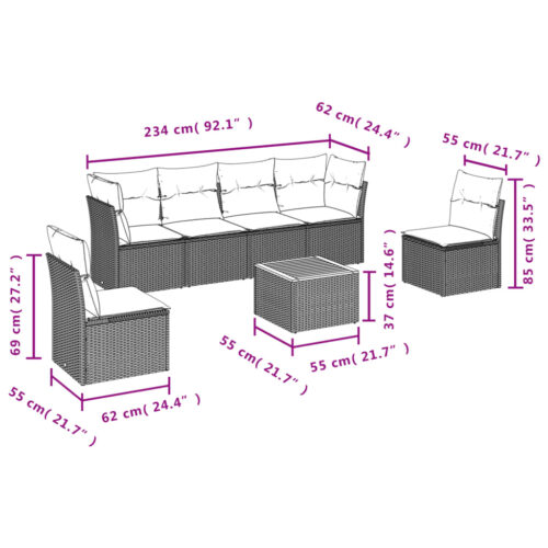7-Piece Garden Sofa Set with Cushions Grey Poly Rattan Wicker Outdoor Patio Furniture - Image 7