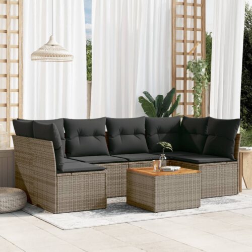 7-Piece Garden Sofa Set with Cushions Grey Poly Rattan Wicker Outdoor Patio Furniture - Image 2