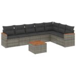8-Piece Garden Sofa Set with Cushions Grey Poly Rattan Wicker Outdoor Patio Furniture