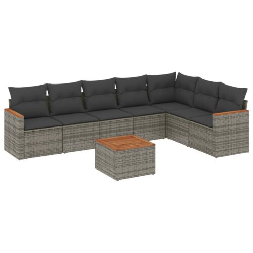 8-Piece Garden Sofa Set with Cushions Grey Poly Rattan Wicker Outdoor Patio Furniture