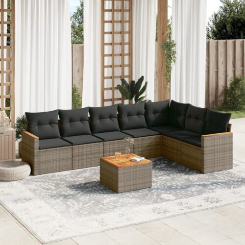 8-Piece Garden Sofa Set with Cushions Grey Poly Rattan Wicker Outdoor Patio Furniture - Image 2
