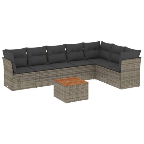 8-Piece Garden Sofa Set with Cushions Grey Poly Rattan Wicker Outdoor Patio Furniture