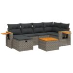7-Piece Garden Sofa Set with Cushions Grey Poly Rattan Wicker Outdoor Patio Furniture