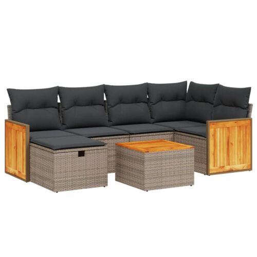 7-Piece Garden Sofa Set with Cushions Grey Poly Rattan Wicker Outdoor Patio Furniture