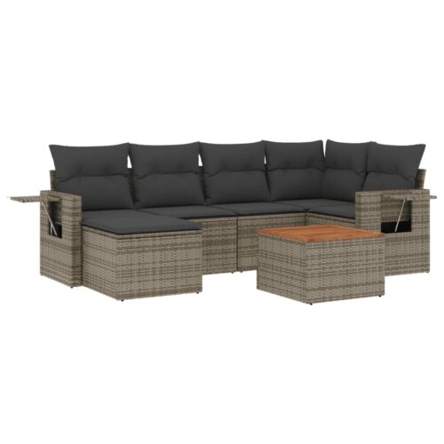 7-Piece Garden Sofa Set with Cushions Grey Poly Rattan Wicker Outdoor Patio Furniture