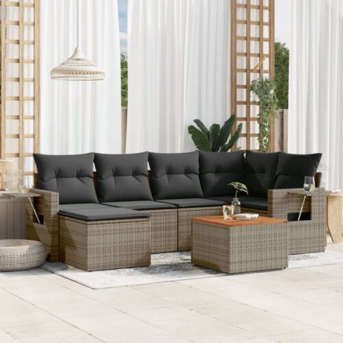 7-Piece Garden Sofa Set with Cushions Grey Poly Rattan Wicker Outdoor Patio Furniture - Image 2
