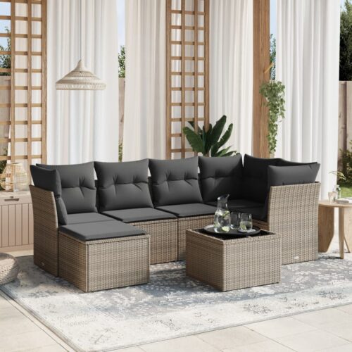 7-Piece Garden Sofa Set with Cushions Grey Poly Rattan Wicker Outdoor Patio Furniture - Image 2