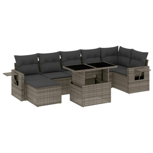 8-Piece Garden Sofa Set with Cushions Grey Poly Rattan Wicker Outdoor Patio Furniture - Image 13