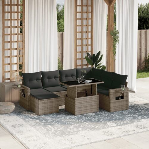 8-Piece Garden Sofa Set with Cushions Grey Poly Rattan Wicker Outdoor Patio Furniture - Image 2