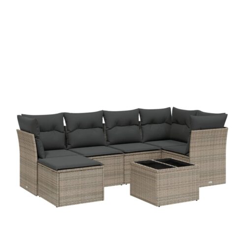7-Piece Garden Sofa Set with Cushions Grey Poly Rattan Wicker Outdoor Patio Furniture - Image 6
