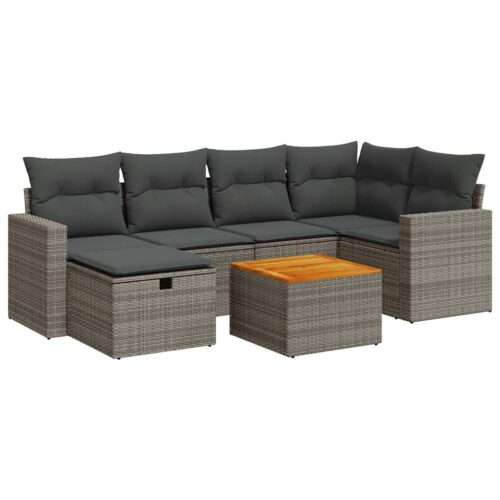 7-Piece Garden Sofa Set with Cushions Grey Poly Rattan Wicker Outdoor Patio Furniture