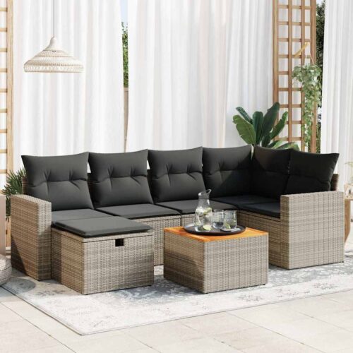 7-Piece Garden Sofa Set with Cushions Grey Poly Rattan Wicker Outdoor Patio Furniture - Image 2
