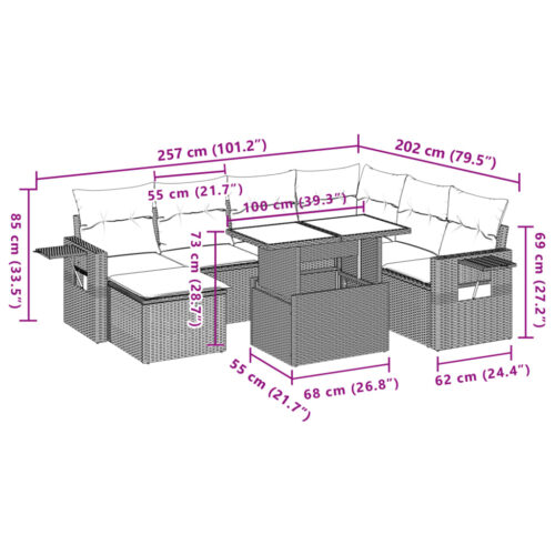 8-Piece Garden Sofa Set with Cushions Grey Poly Rattan Wicker Outdoor Patio Furniture - Image 11