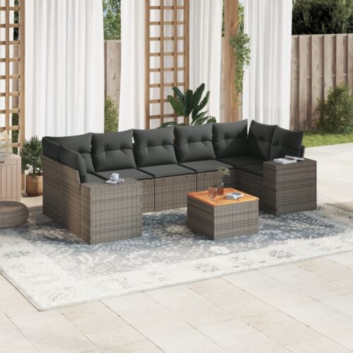 8-Piece Garden Sofa Set with Cushions Grey Poly Rattan Wicker Outdoor Patio Furniture - Image 2