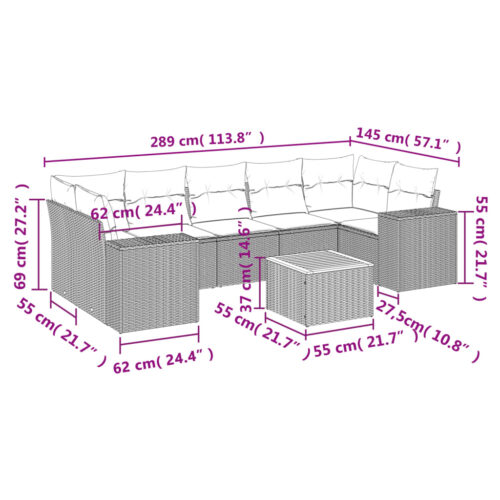 8-Piece Garden Sofa Set with Cushions Grey Poly Rattan Wicker Outdoor Patio Furniture - Image 3