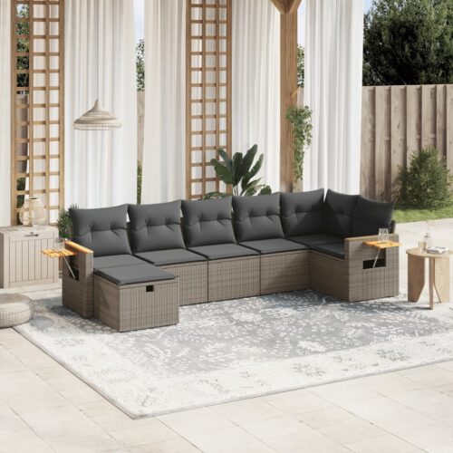 7-Piece Garden Sofa Set with Cushions Grey Poly Rattan Wicker Outdoor Patio Furniture - Image 2